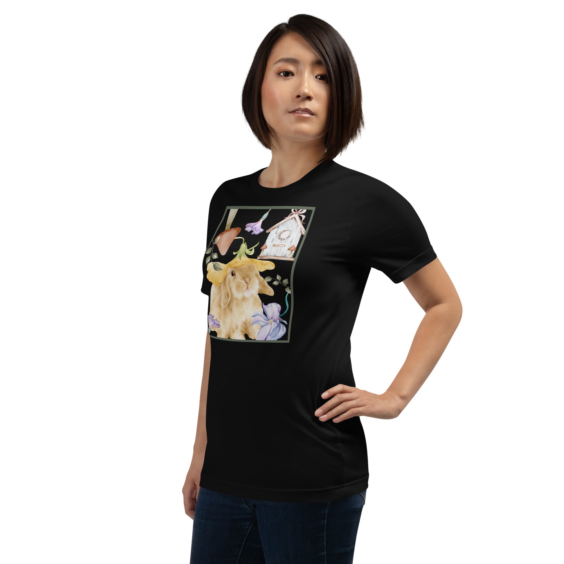 Meadow Club T-Shirt - Left Placement product image 4 in Black Heather, size L, with front view, left-side angle and left placement.