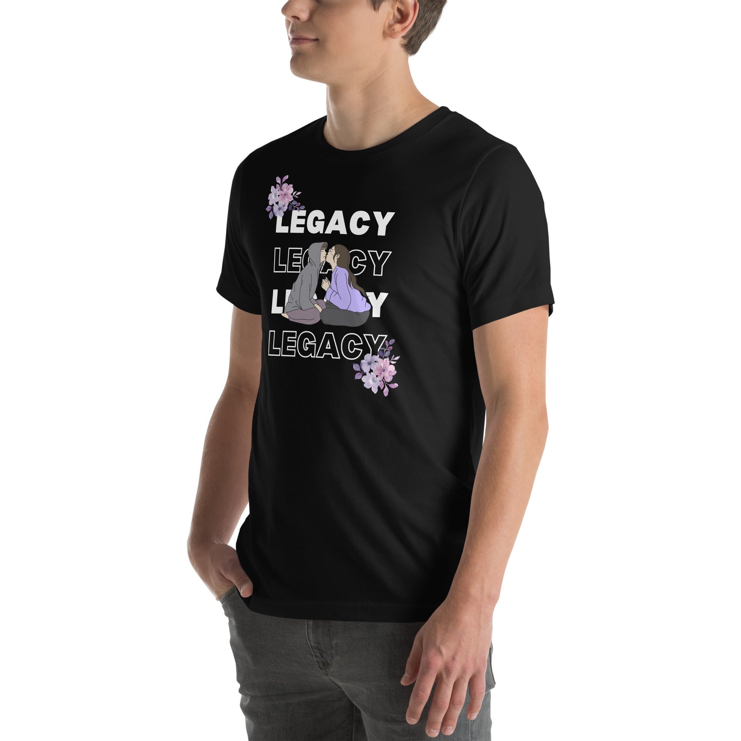 Image 3 of Black Heather Heirloom T-Shirt - Left Placement, size M, with Legacy artwork visible in front view, left-side angle.