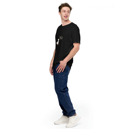 Image 8 of Black Quacksy T-Shirt, size L, with Hello Duck artwork visible in front view, left-side angle.
