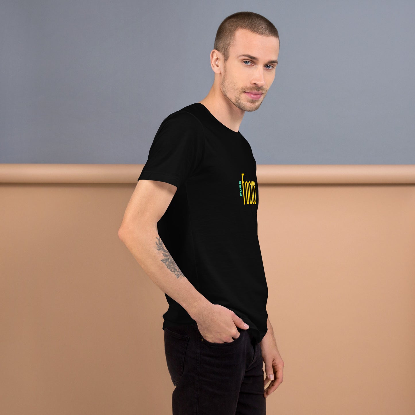 Focusline T-Shirt - Left Placement image 6 in Black Heather, size 2XL, showing right-side angle for the Pure Focus design.