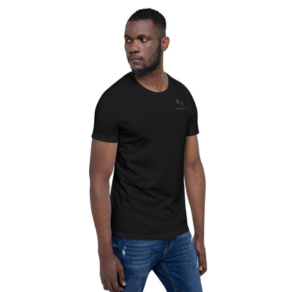 Saiko T-Shirt - Left Placement 34 by R.A. Apparel, image 2, front view, right-side angle, Black Heather, size M, left placement.