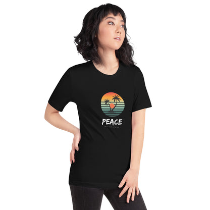 Quiet Peace T-Shirt - Left Placement by R.A. Apparel, image 2, front view, right-side angle, Black Heather, size S, left placement.