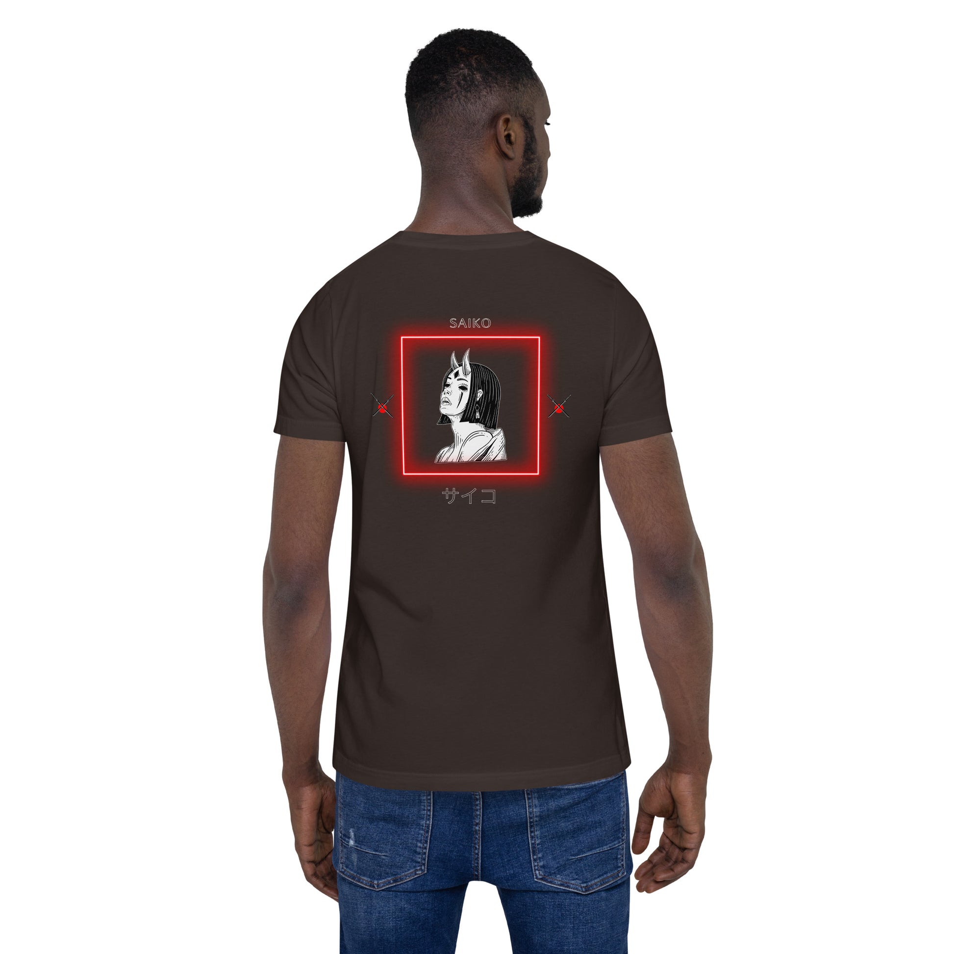 Image 5 of Black Heather Saiko T-Shirt - Left Placement 34, size 2XL, with Saiko artwork visible in back view.