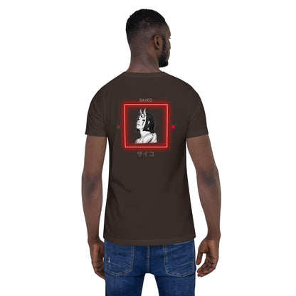 Image 5 of Black Heather Saiko T-Shirt - Left Placement 34, size 2XL, with Saiko artwork visible in back view.
