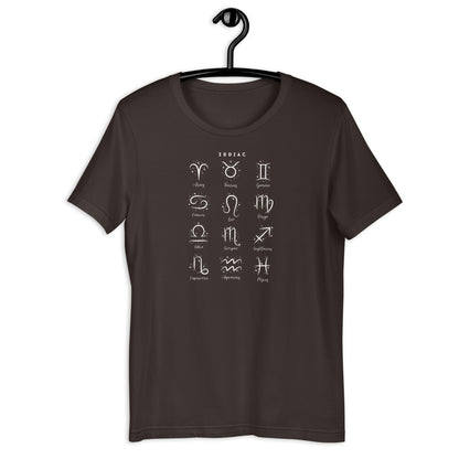 Astral Circle T-Shirt - Left Placement image 5: Black Heather version, size 2XL with front view of the Zodiac range.