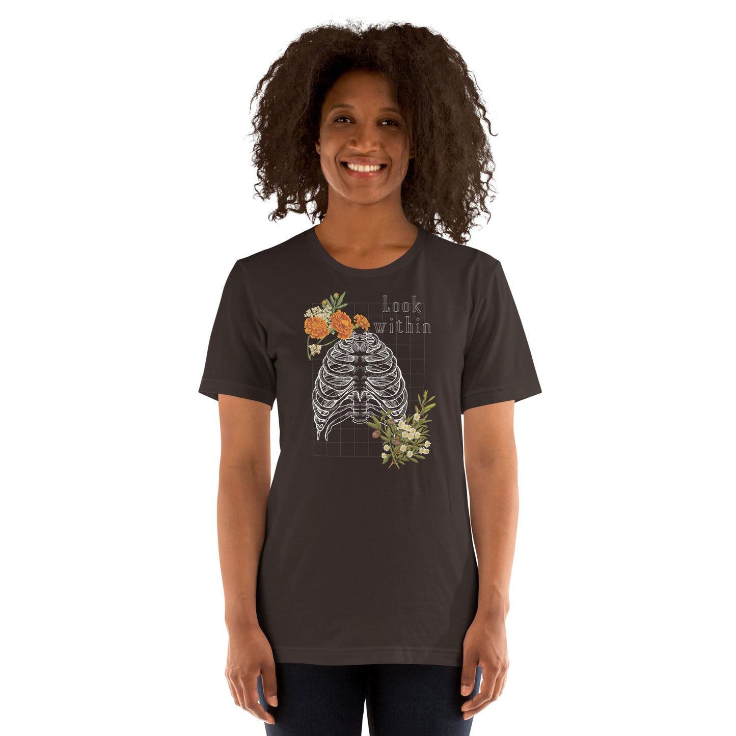 Image 3 of Black Heather Innerline T-Shirt - Left Placement, size L, with Look Within artwork visible in front view.