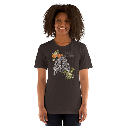 Image 3 of Black Heather Innerline T-Shirt - Left Placement, size L, with Look Within artwork visible in front view.