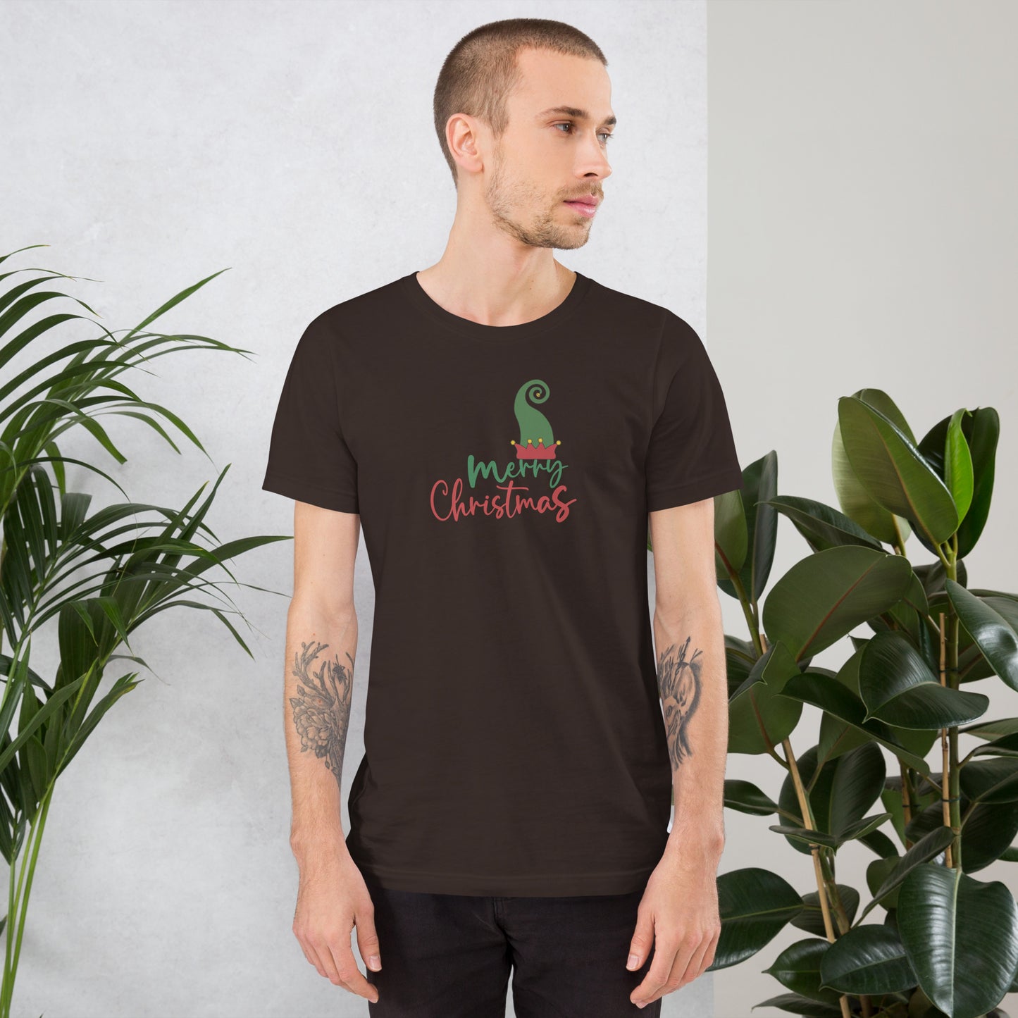 Noelle T-Shirt - Left Placement image 3: Black Heather version, size M with front view of the Merry Christmas range.