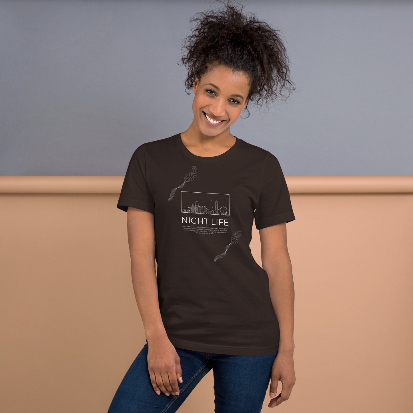 Afterhours T-Shirt - Left Placement image 3 in Black Heather, size M, showing front view for the Night Life design.