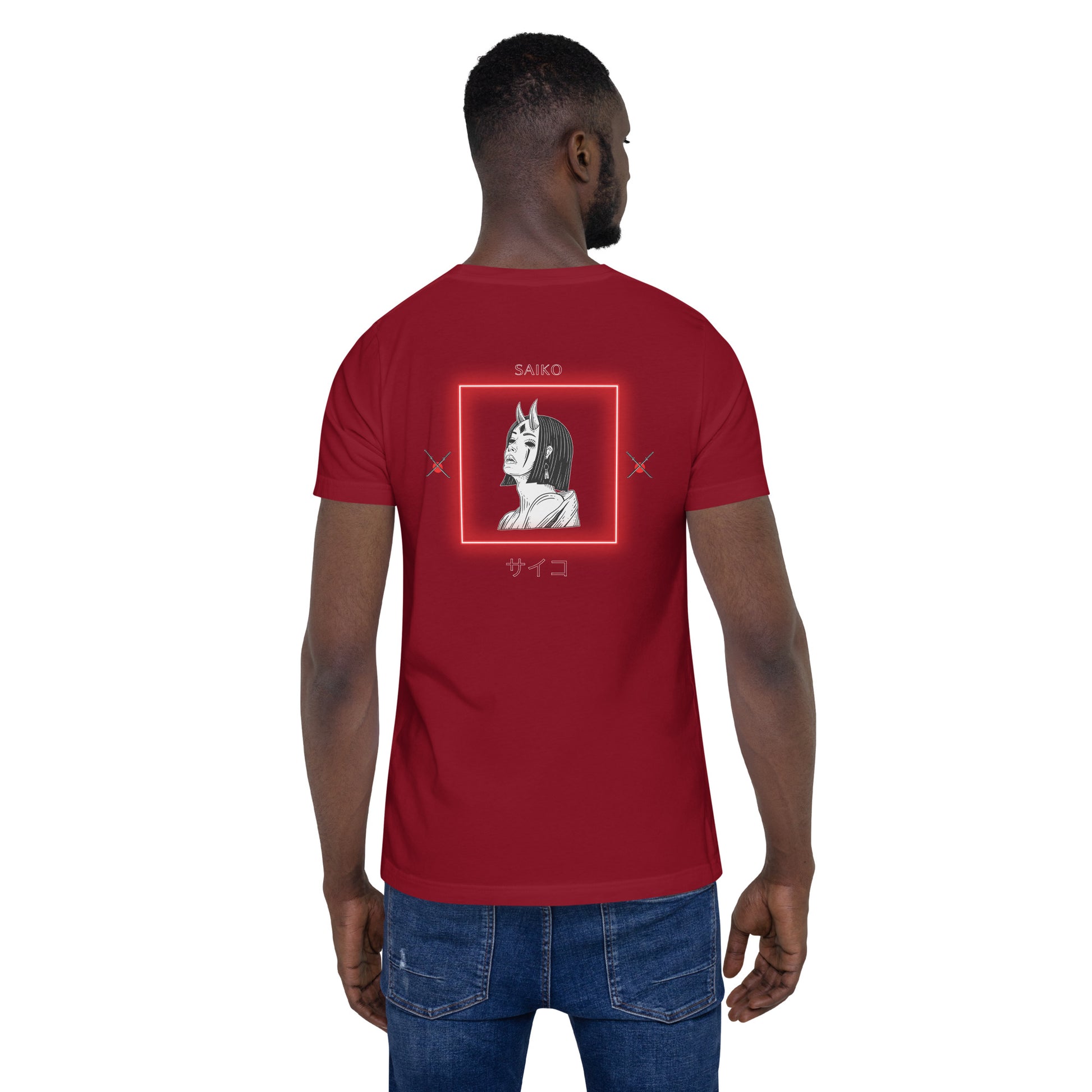 Saiko T-Shirt - Left Placement 34 product image 7 in Black Heather, size 4XL, with back view and left placement.