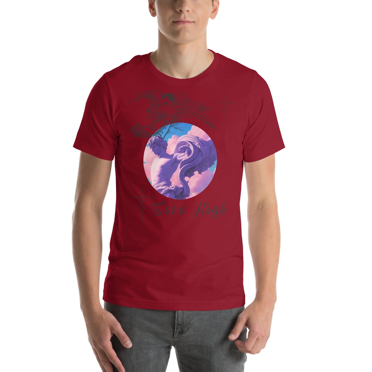 Skyborne T-Shirt - Left Placement image 5: Black Heather version, size 2XL with front view of the Sore High range.