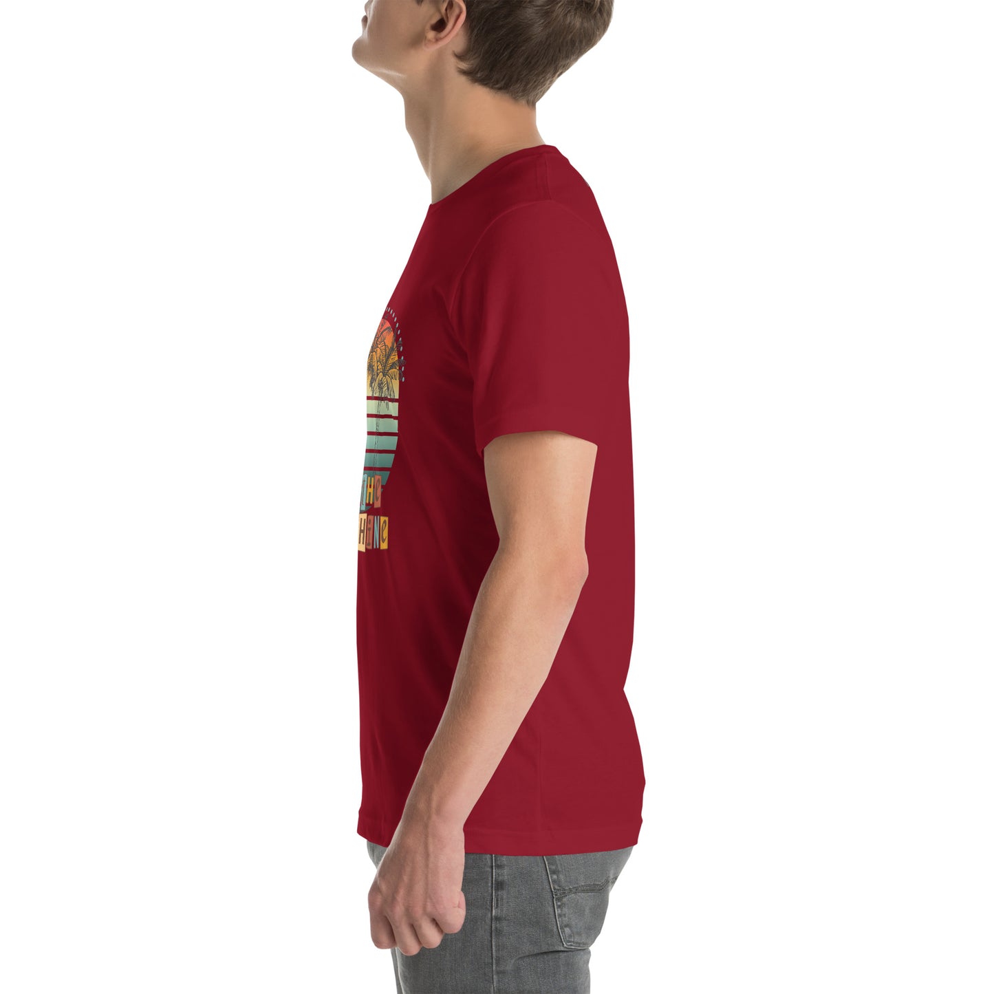 Solara T-Shirt image 21 in Maroon, size S, showing left-side angle for the Be the Sunshine design.