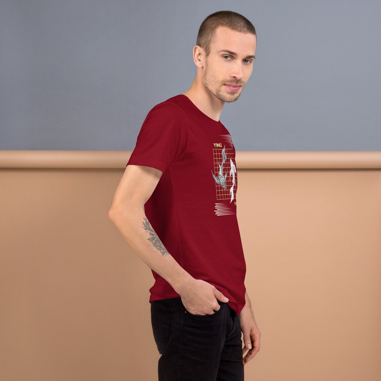 Equinoxe T-Shirt by R.A. Apparel, image 16, right-side angle, Cardinal, size S, design placement.