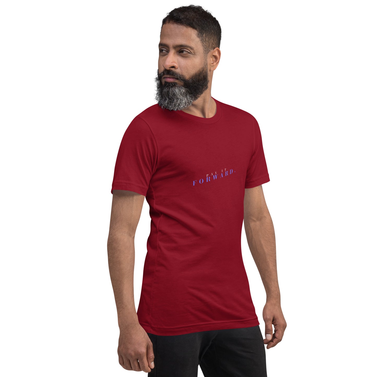Image 9 of Black Forward Kind T-Shirt - Left Placement 78, size M, with Pay It Forward artwork visible in front view, right-side angle.
