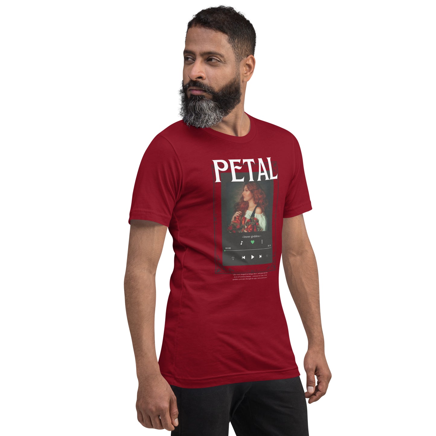 Petaline T-Shirt product image 12 in Cardinal, size M, with front view, right-side angle and design placement.