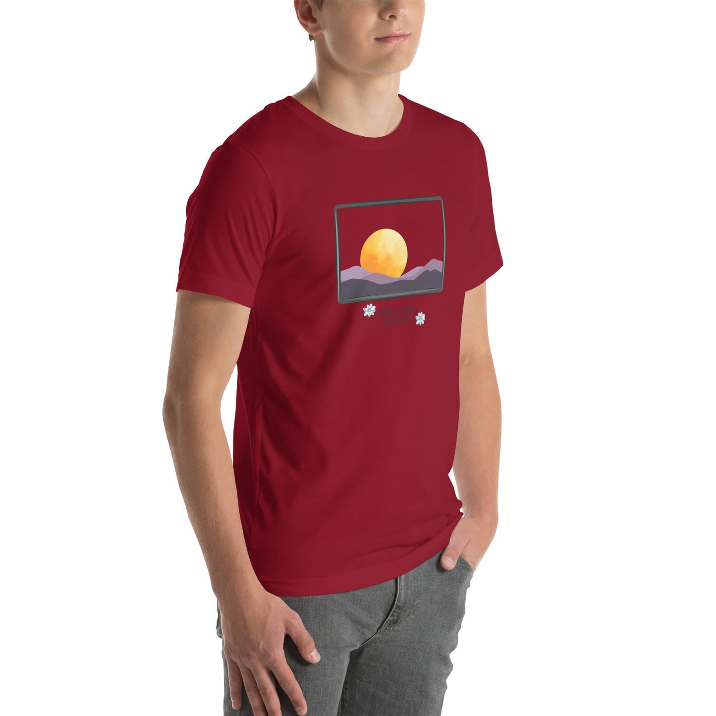 Image 24 of Red Avenor T-Shirt, size XL, with The View Awaits artwork visible in front view, right-side angle.