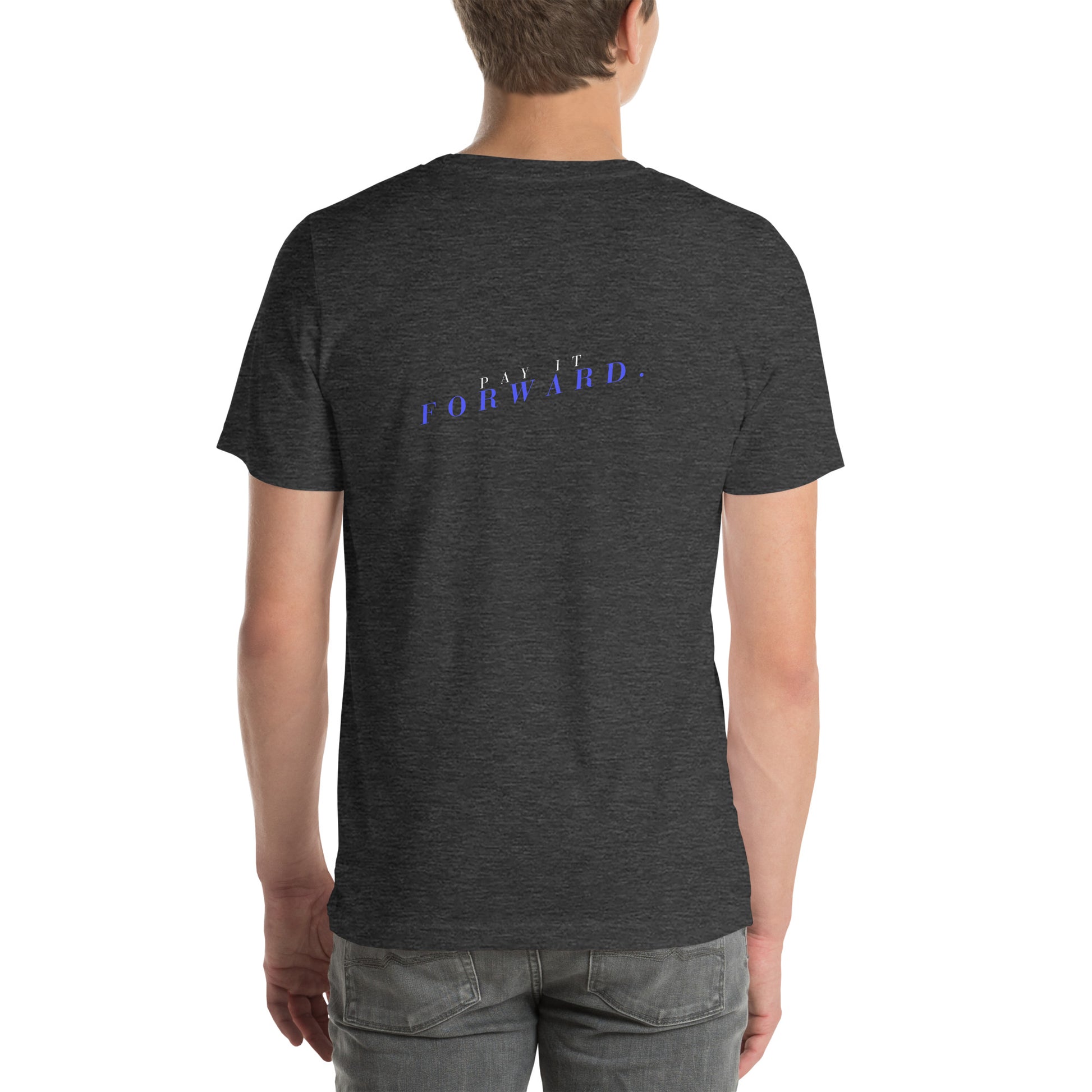Forward Kind T-Shirt - Left Placement 77 image 1 in Black Heather, size XS, showing back view for the Pay It Forward design.