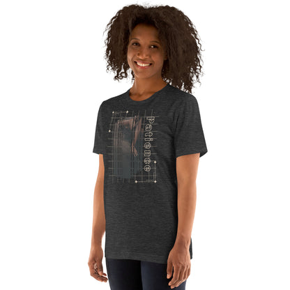 Image 17 of Oxblood Black Stillwater T-Shirt - Left Placement, size L, with Patience artwork visible in front view, left-side angle.
