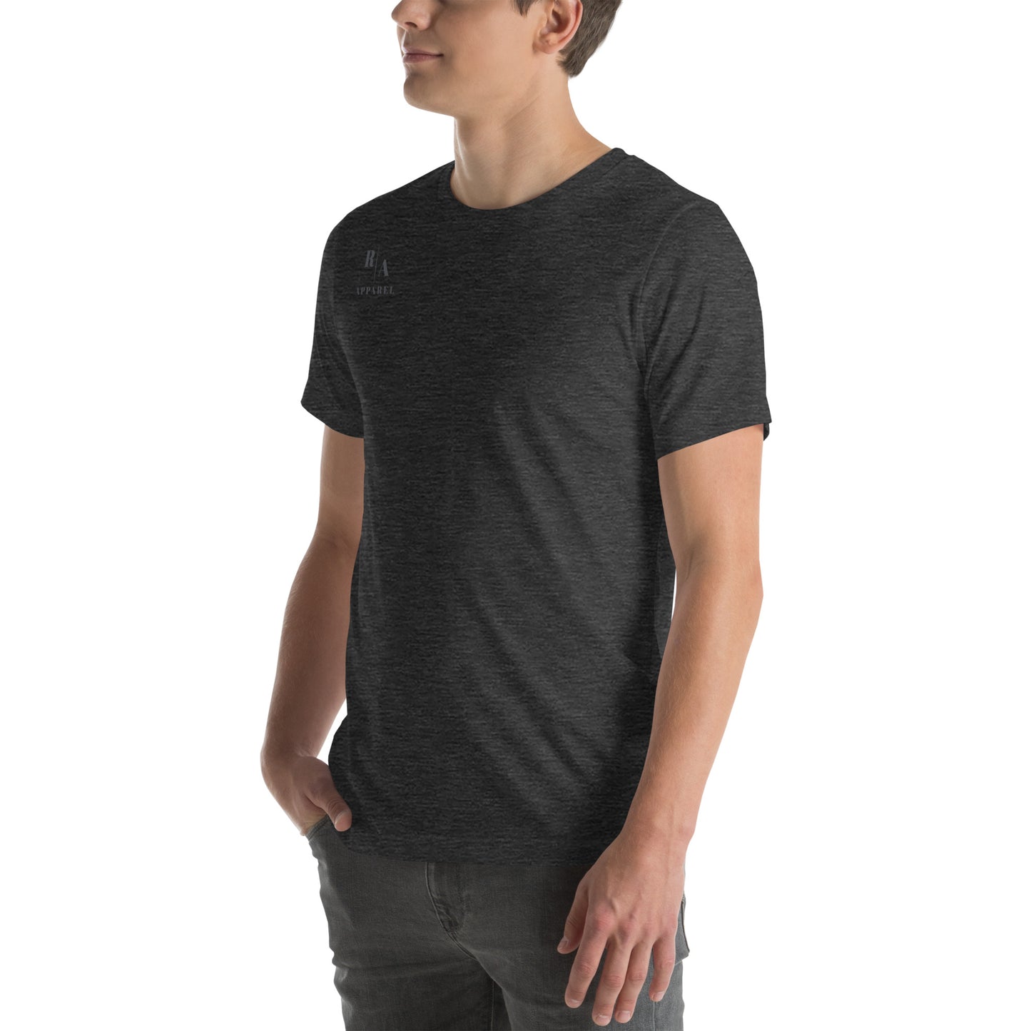 Forward Kind T-Shirt - Left Placement 77 by R.A. Apparel, image 2, front view, left-side angle, Black Heather, size S, left placement.