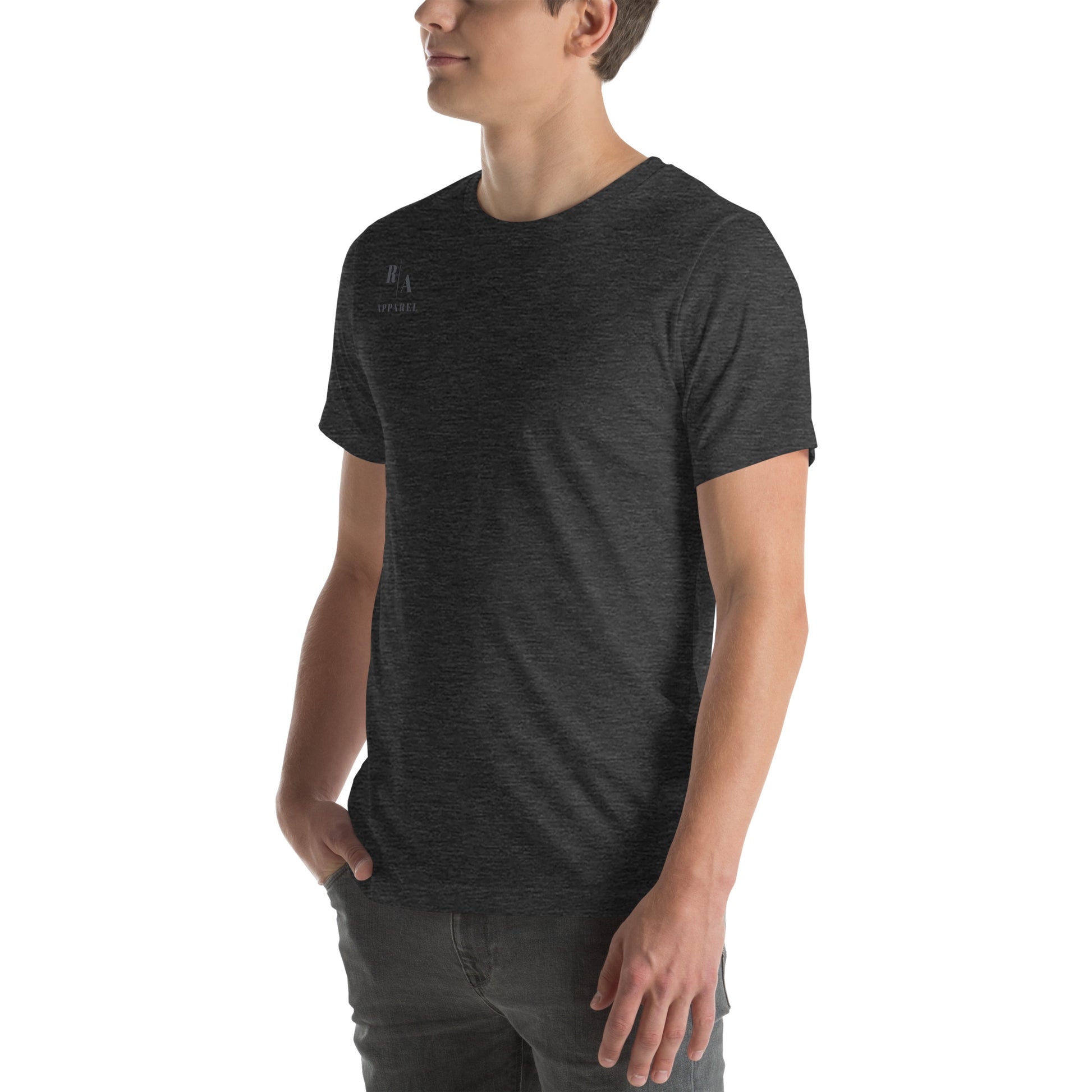 Forward Kind T-Shirt - Left Placement 77 by R.A. Apparel, image 2, front view, left-side angle, Black Heather, size S, left placement.