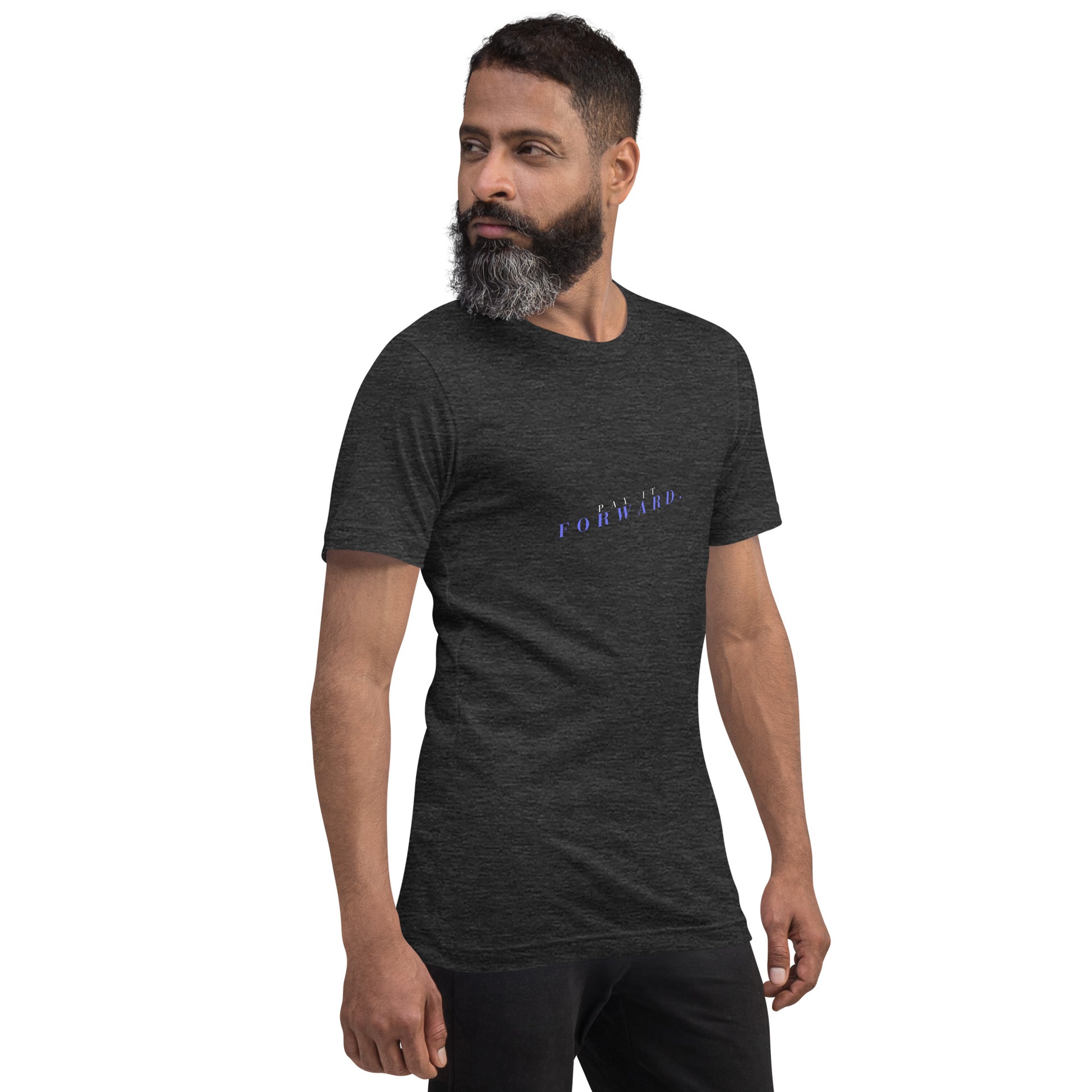 Image 27 of Navy Forward Kind T-Shirt - Left Placement 78, size L, with Pay It Forward artwork visible in front view, right-side angle.