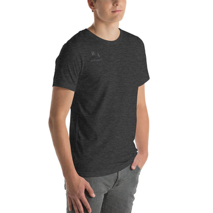 Forward Kind T-Shirt - Left Placement 77 by R.A. Apparel, image 3, front view, right-side angle, Black Heather, size M, left placement.