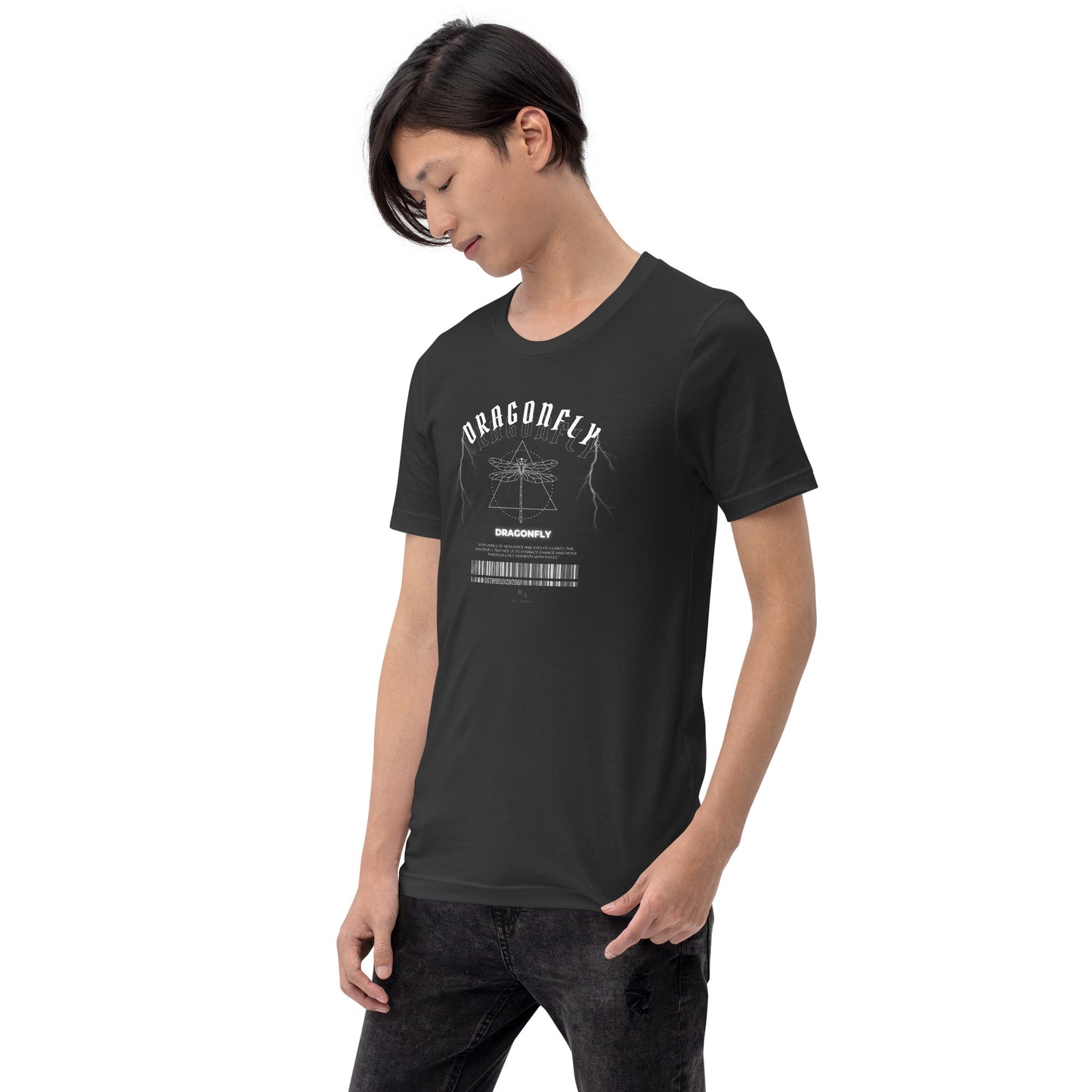 Dragonfly T-Shirt - Left Placement by R.A. Apparel, image 34, front view, left-side angle, Dark Grey, size XL, left placement.