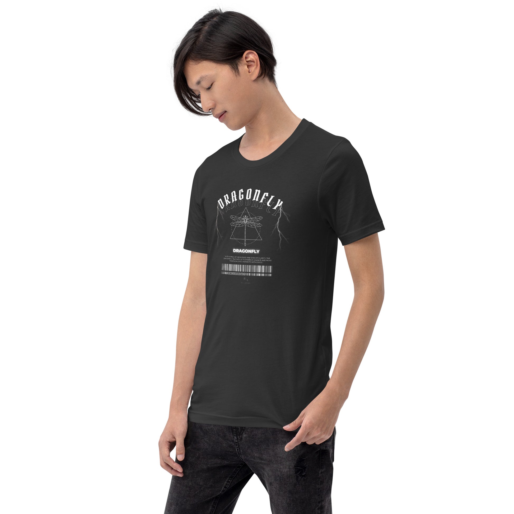 Dragonfly T-Shirt - Left Placement by R.A. Apparel, image 34, front view, left-side angle, Dark Grey, size XL, left placement.