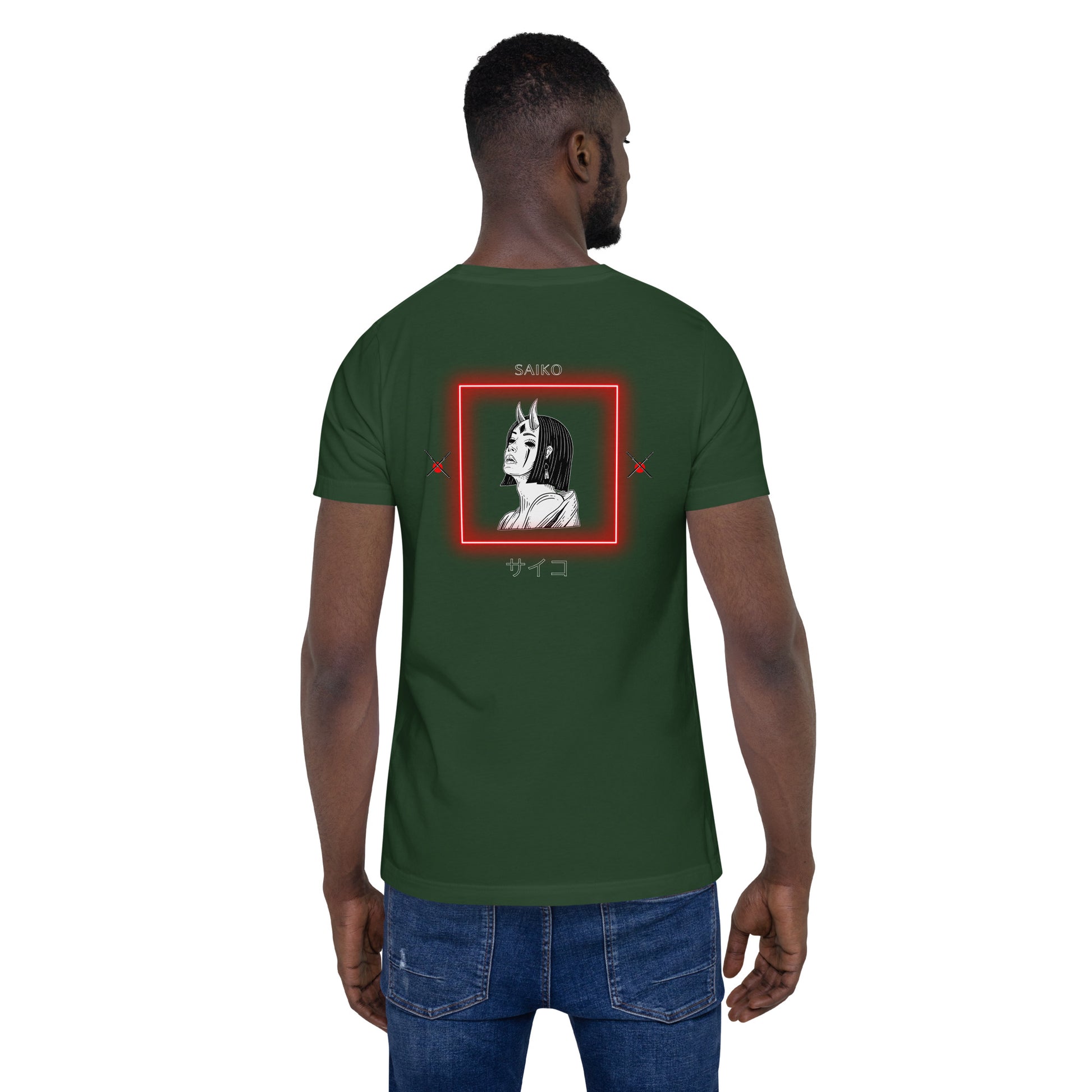 Image 17 of Oxblood Black Saiko T-Shirt - Left Placement 34, size L, with Saiko artwork visible in back view.