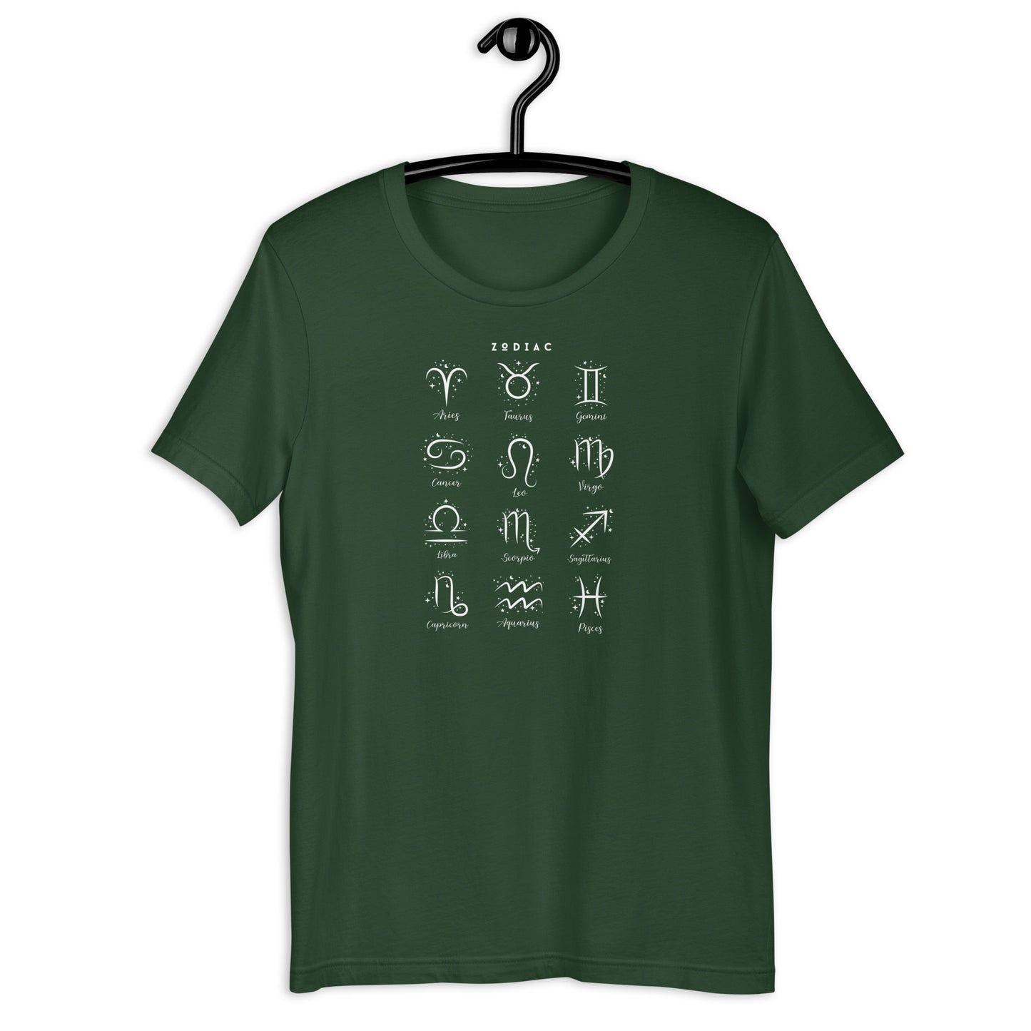 Astral Circle T-Shirt - Left Placement image 17: Oxblood Black version, size L with front view of the Zodiac range.