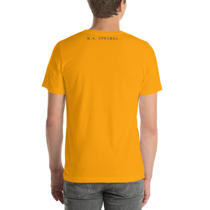 Image 92 of Yellow Avenor T-Shirt, size M, with The View Awaits artwork visible in back view.