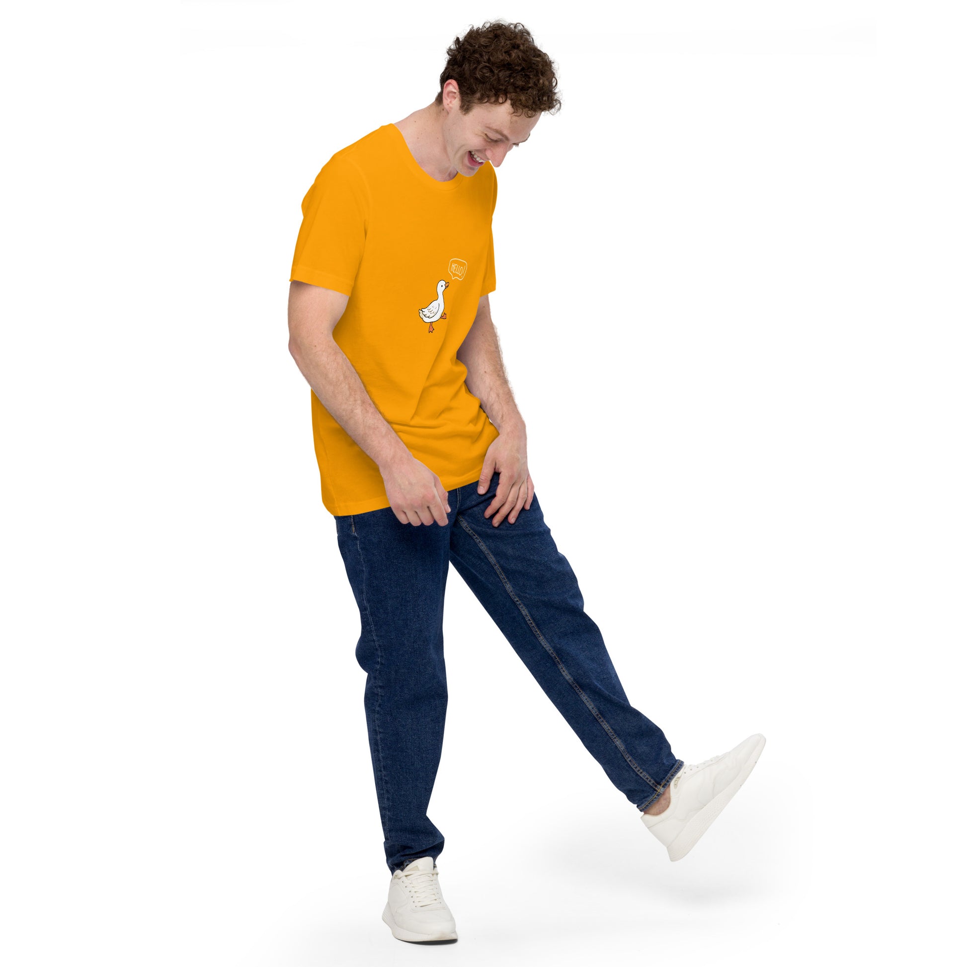 Quacksy T-Shirt image 77 in Gold, size M, showing front view, right-side angle for the Hello Duck design.