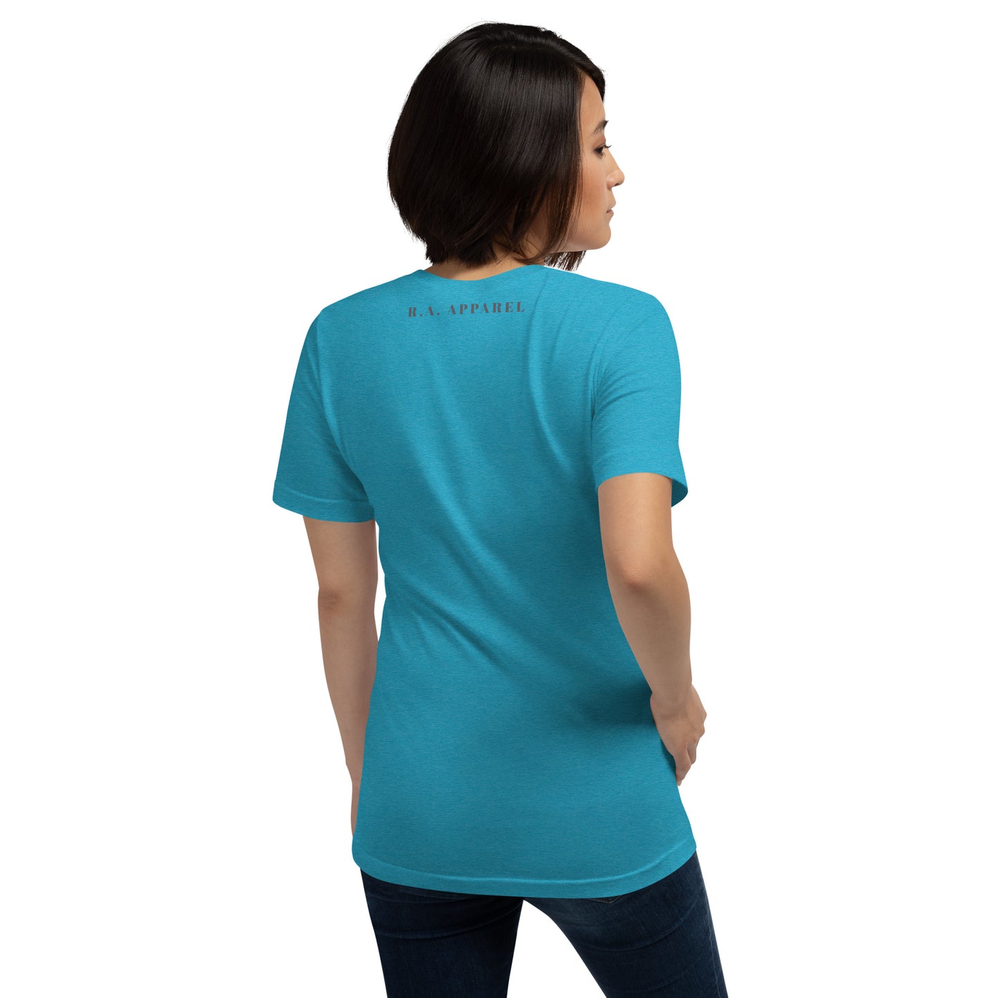 Balance Court T-Shirt - Left Placement by R.A. Apparel, image 66, back view, Heather Prism Dusty Blue, size S, left placement.