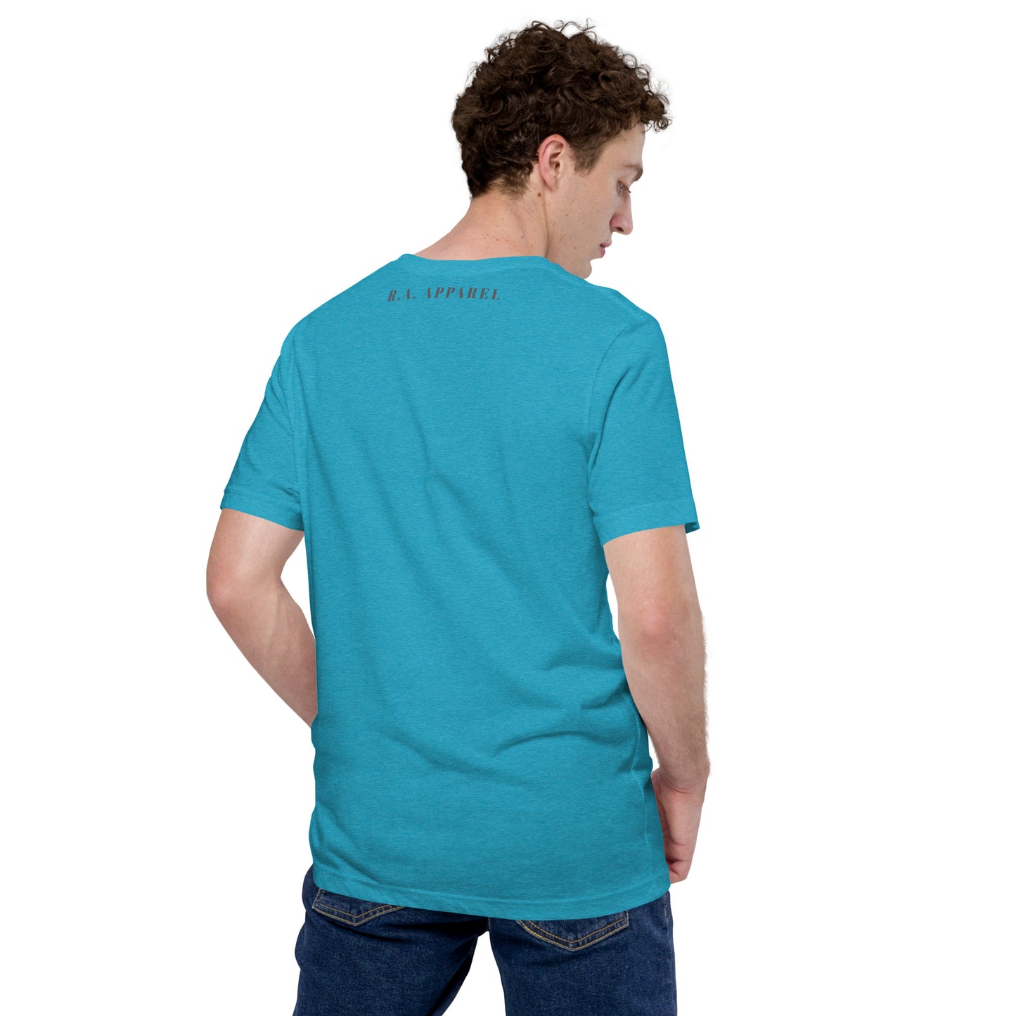 Quacksy T-Shirt image 74 in Heather Aqua, size XL, showing back view for the Hello Duck design.