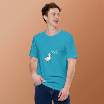 Quacksy T-Shirt image 75: Heather Aqua version, size 2XL with front view of the Hello Duck range.