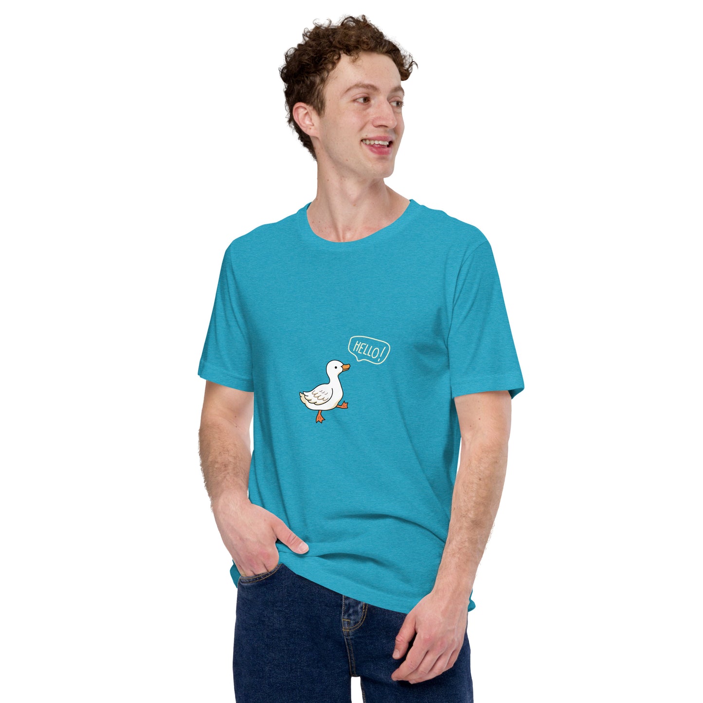 Quacksy T-Shirt product image 71 in Heather Aqua, size S, with front view and design placement.