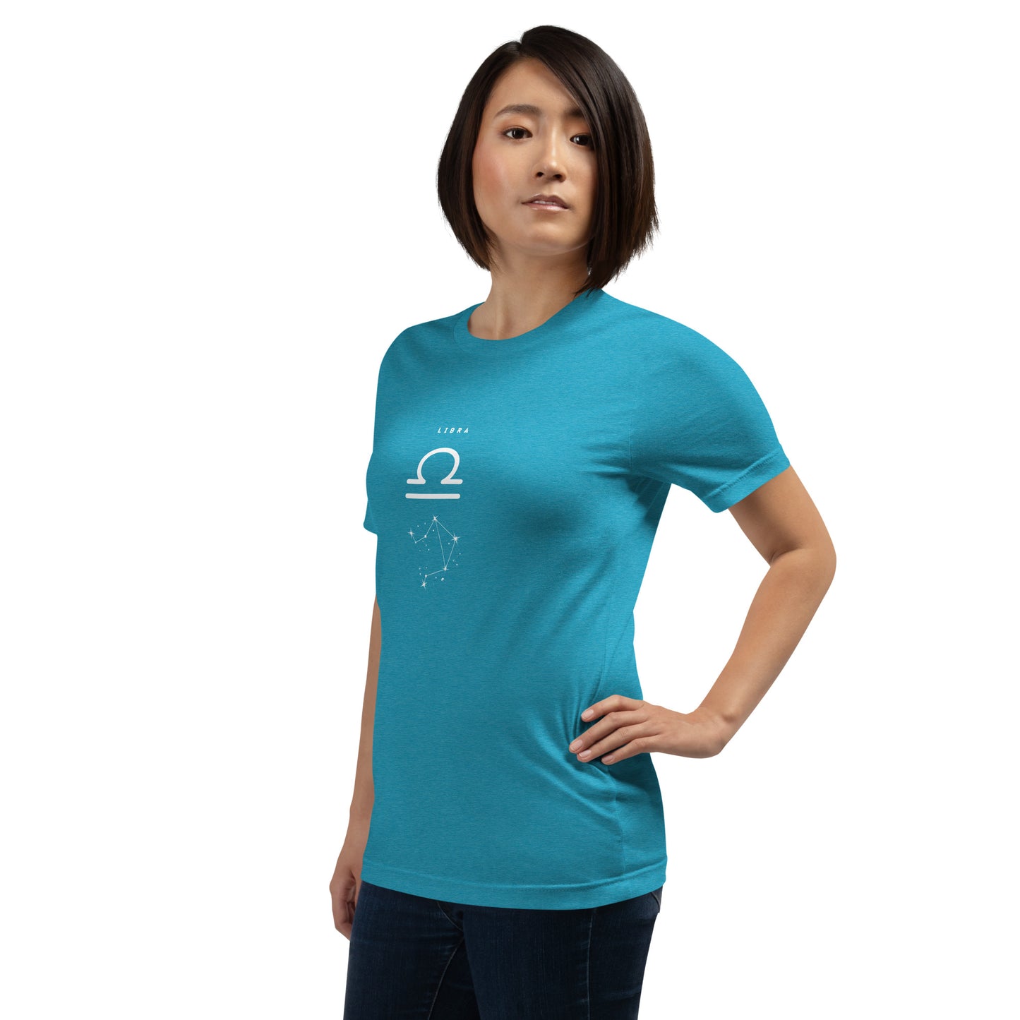 Balance Court T-Shirt - Left Placement image 64 in Turquoise, size XL, showing front view, left-side angle for the Libra design.