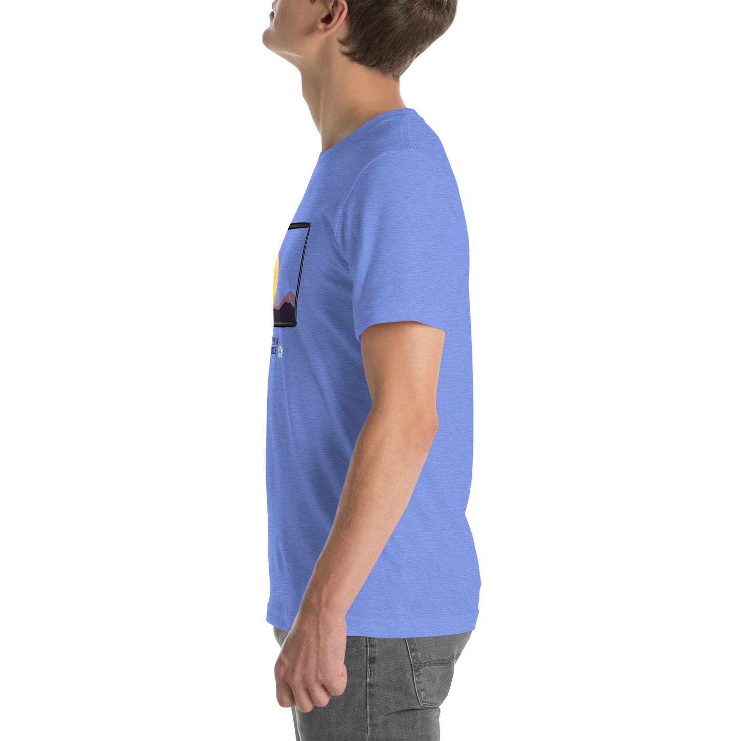 Image 85 of Heather Yellow Gold Avenor T-Shirt, size 2XL, with The View Awaits artwork visible in left-side angle.