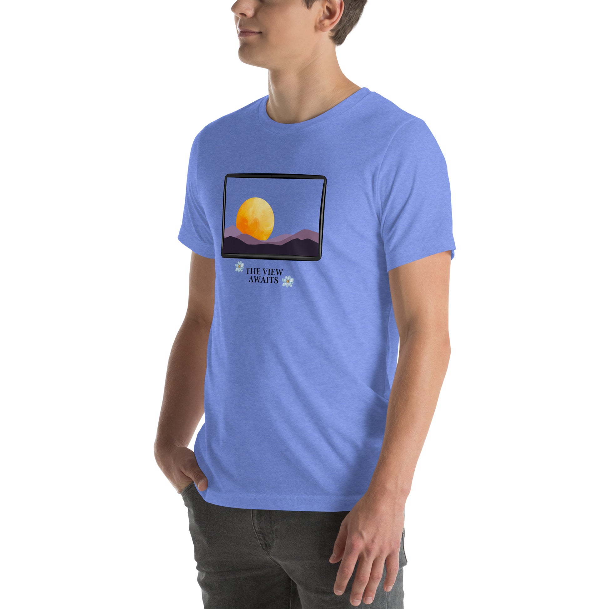 Image 87 of Ocean Blue Avenor T-Shirt, size M, with The View Awaits artwork visible in front view, left-side angle.