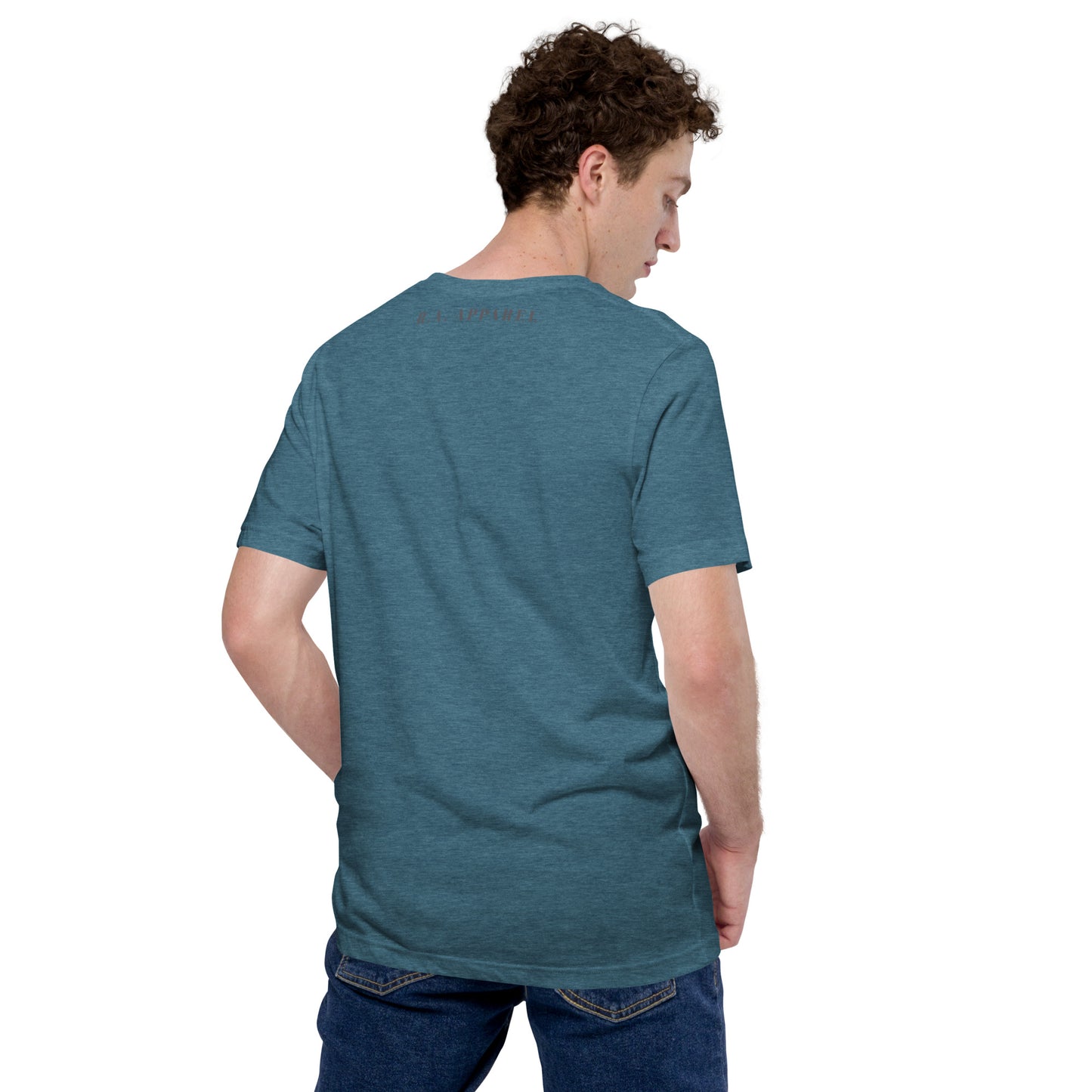 Image 49 of Heather Deep Teal Quacksy T-Shirt, size XL, with Hello Duck artwork visible in back view.