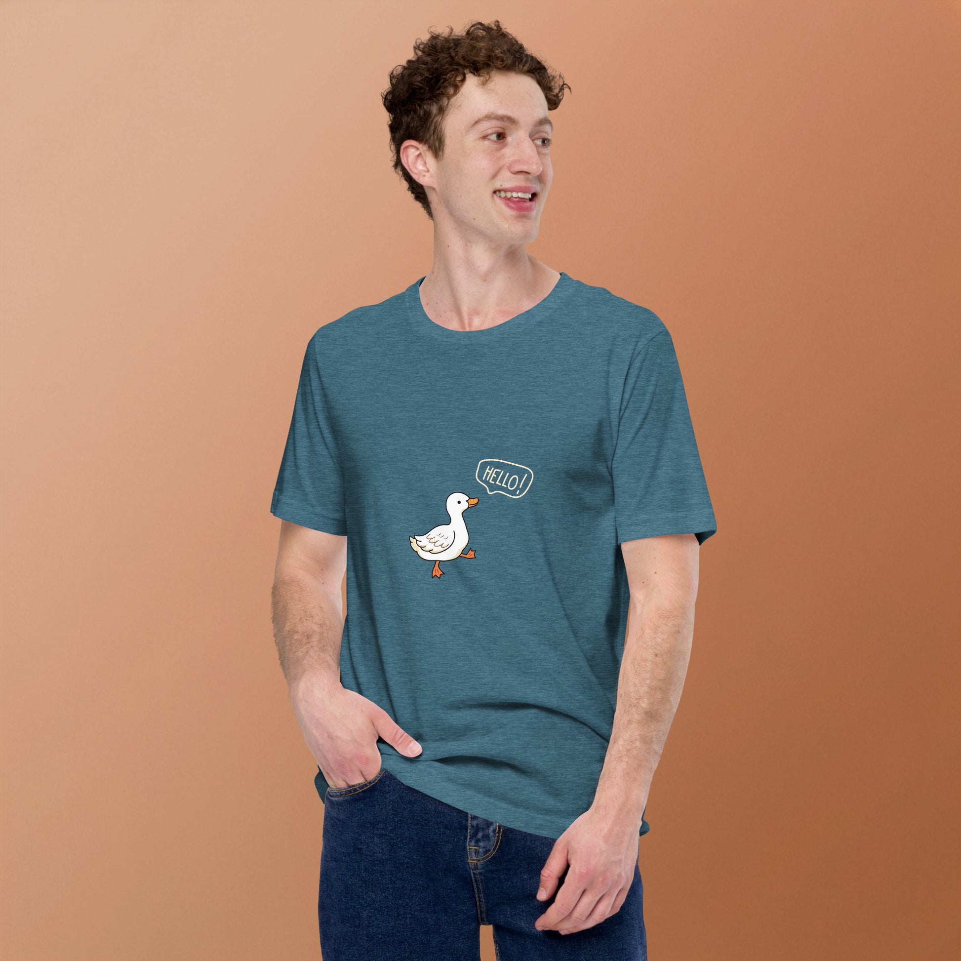 Quacksy T-Shirt by R.A. Apparel, image 50, front view, Heather Deep Teal, size 2XL, design placement.