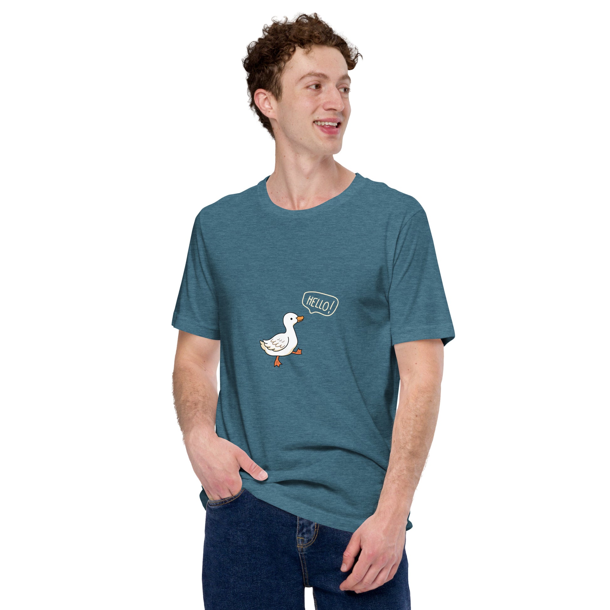 Quacksy T-Shirt image 46 in Heather Deep Teal, size S, showing front view for the Hello Duck design.