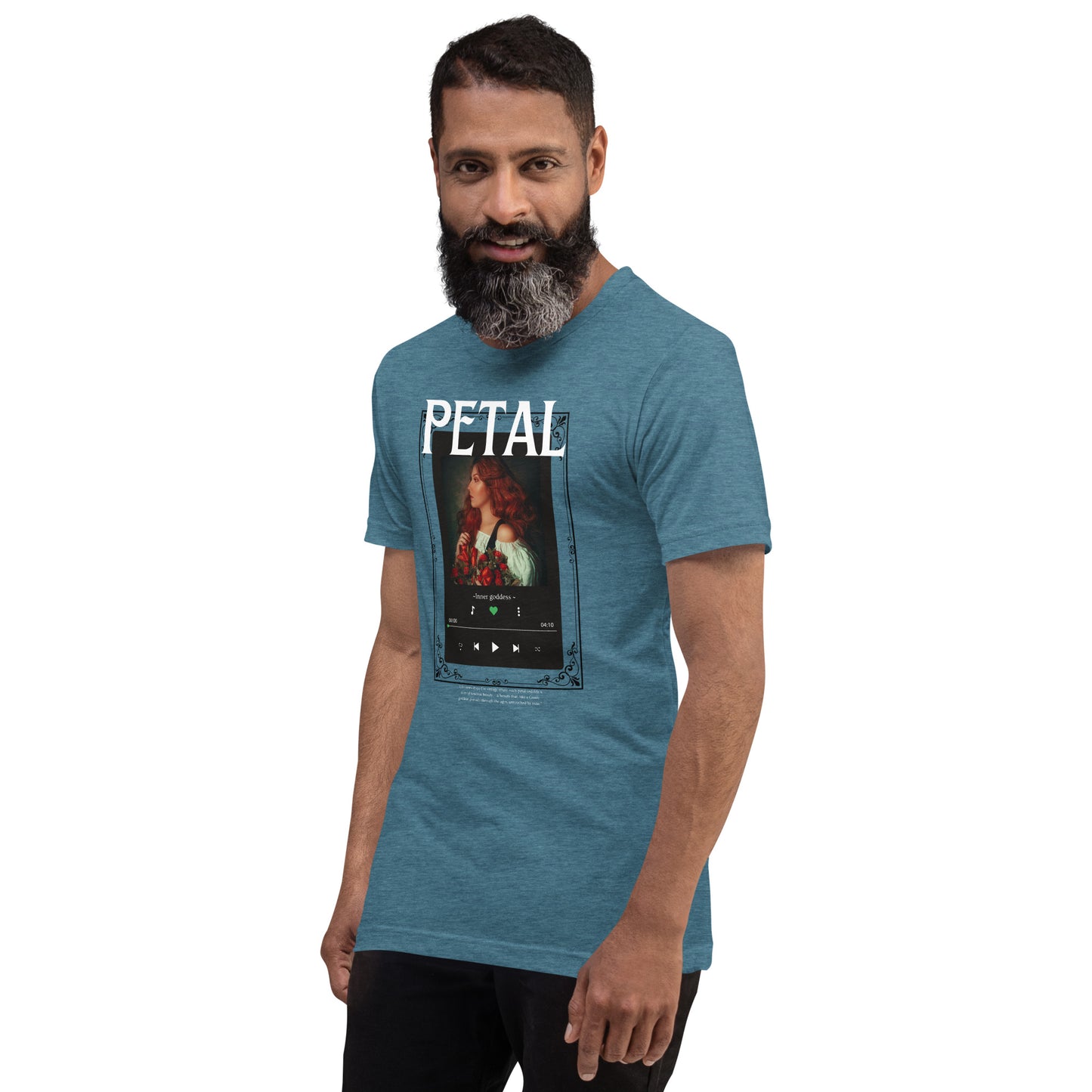 Image 51 of Heather Raspberry Petaline T-Shirt, size S, with Petal artwork visible in front view, left-side angle.