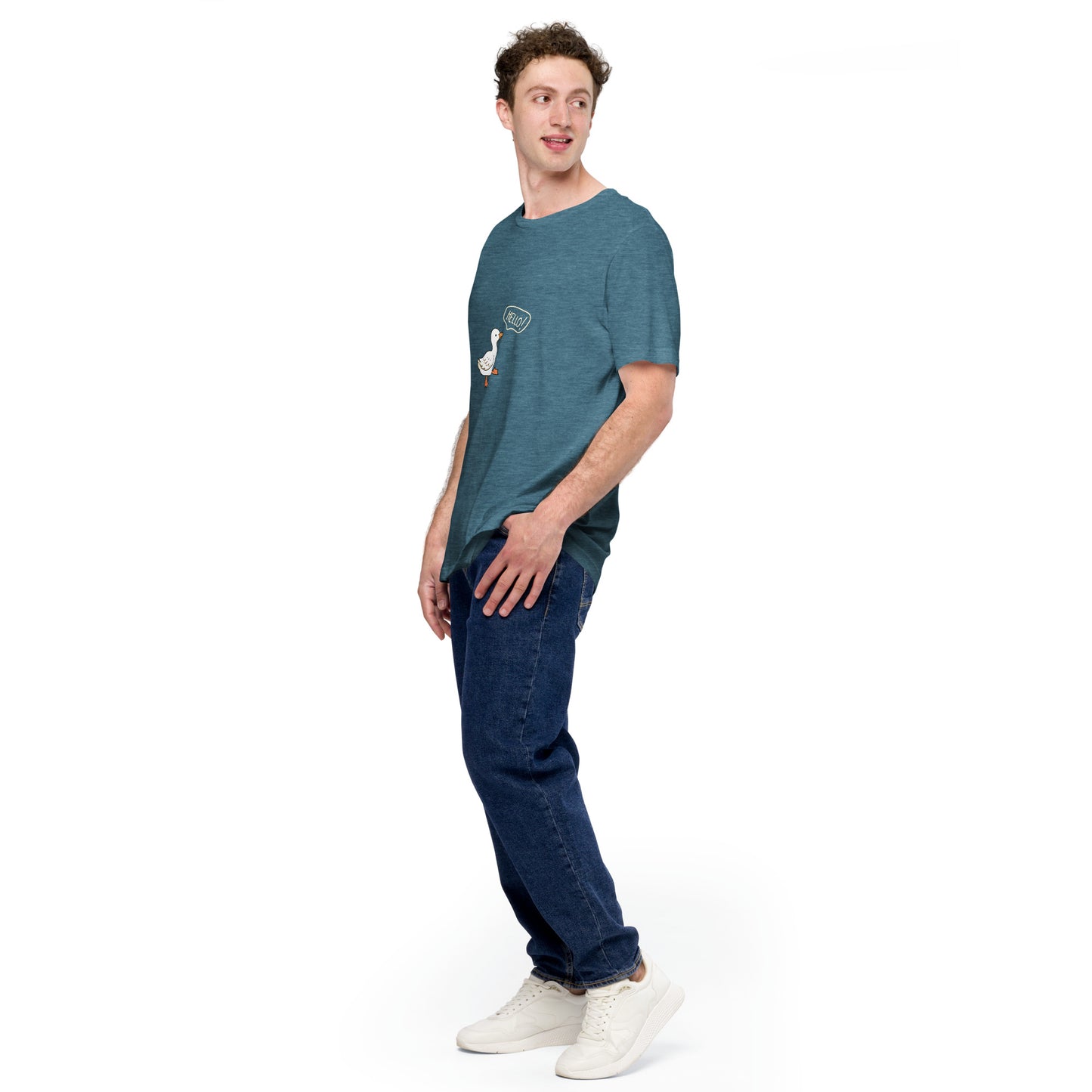 Quacksy T-Shirt image 48 in Heather Deep Teal, size L, showing front view, left-side angle for the Hello Duck design.