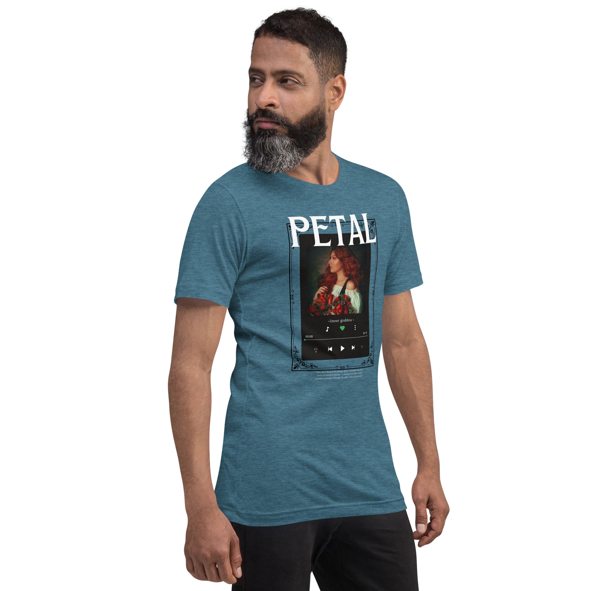 Petaline T-Shirt product image 52 in Heather Raspberry, size M, with front view, right-side angle and design placement.