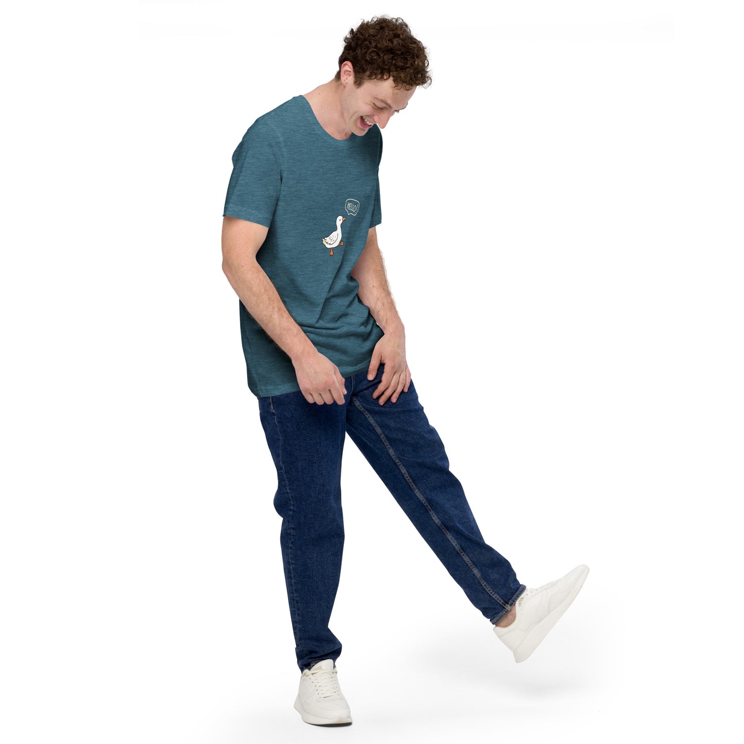 Quacksy T-Shirt image 47 in Heather Deep Teal, size M, showing front view, right-side angle for the Hello Duck design.