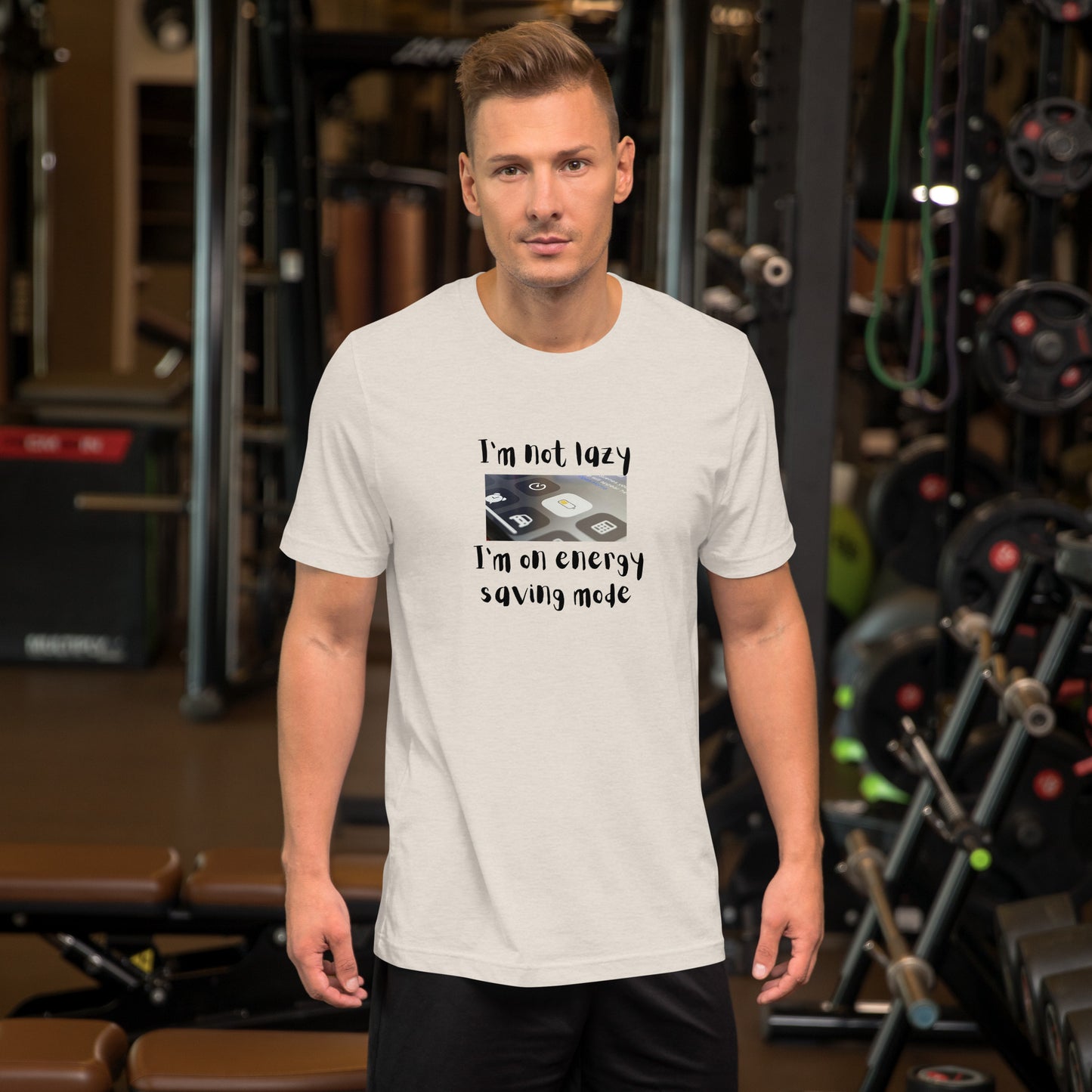 Image 1 of Light Blue Low Power T-Shirt - Left Placement, size XS, with Energy Saving artwork visible in front view.