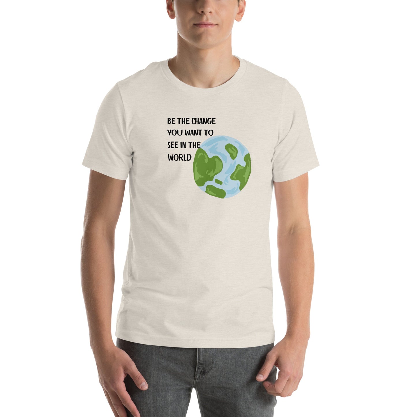 Change Signal T-Shirt - Left Placement image 8 in Athletic Heather, size L, showing front view for the Be the Change design.