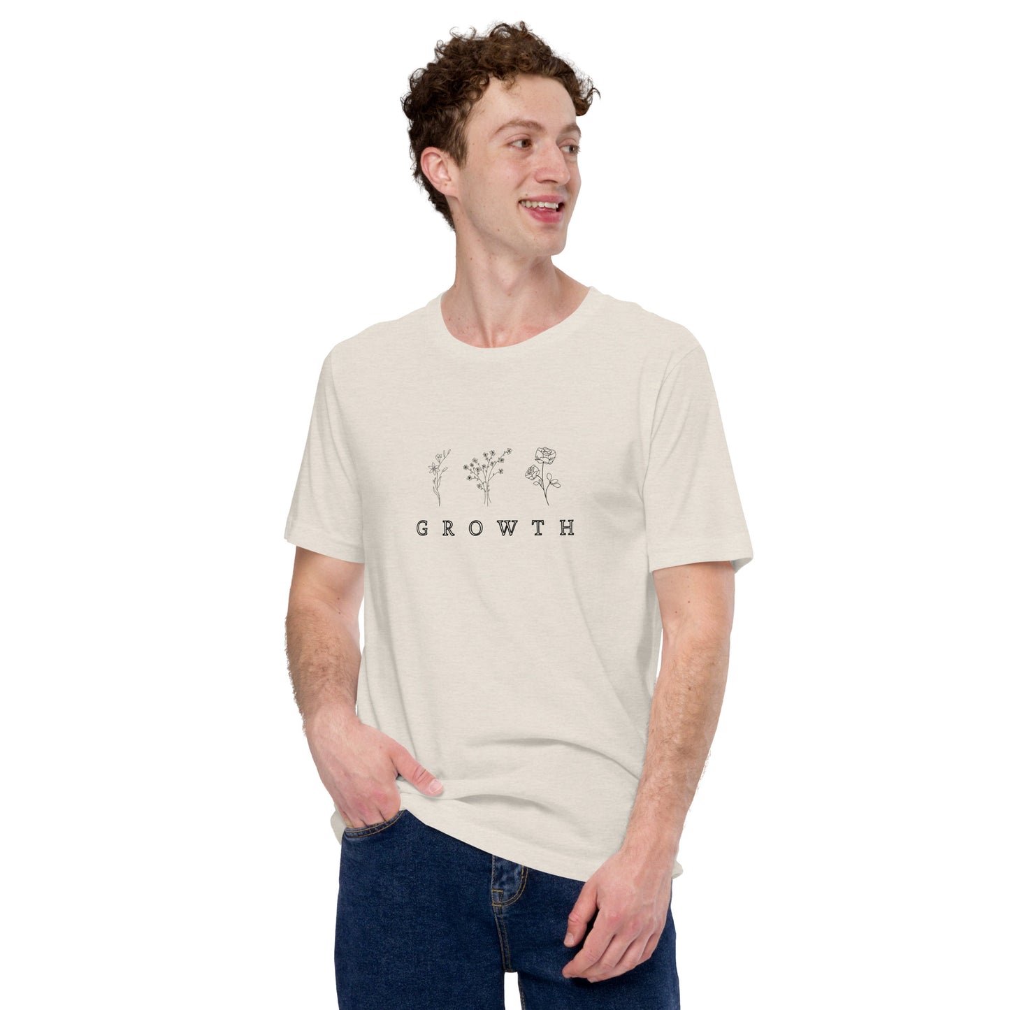Image 35 of Heather Prism Ice Blue Growthline T-Shirt - Left Placement, size L, with Growth artwork visible in front view.