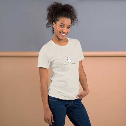 Boo Luxe T-Shirt - Left Placement image 32: Heather Dust version, size XL with right-side angle of the Fa Boo Lous range.